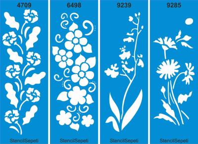 Dörtlü Çiçekli Kenar Deseni Seti 05 - Stencil Boyama Şablonu - 1